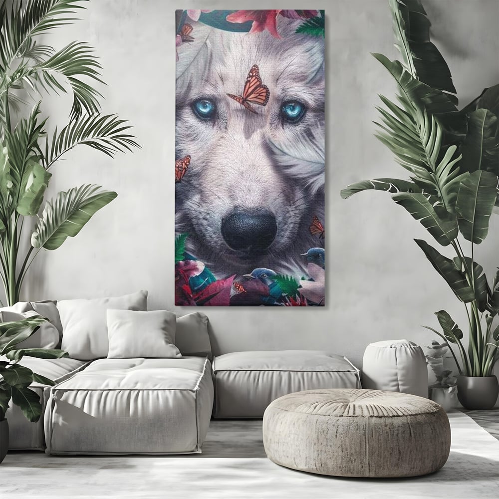 Tablou canvas cu tablou canvas cu lup alb si fluturi, fara rama, pe sasiu de lemn, pe perete intr-un living
